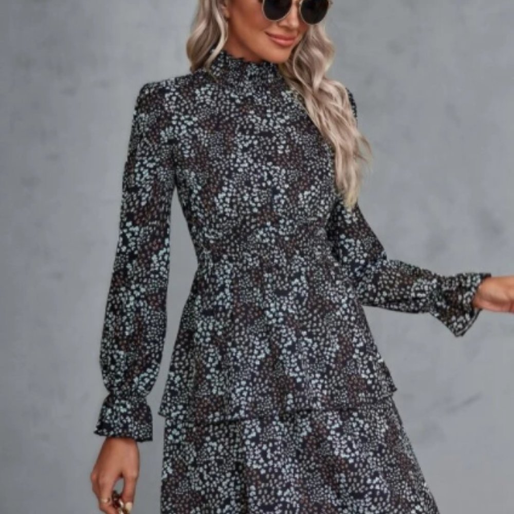NEW Long Sleeve Mock Neck Ditsy Floral Print Flounce Sleeve Ruffle Hem D…